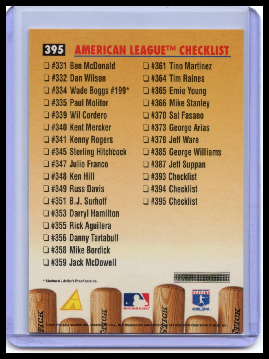 1996 Pinnacle #395 American League Checklist