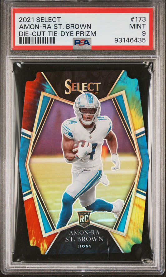 2021 Panini Select #173 Amon-Ra St. Brown Die-Cut Tie-Dye Prizm PSA 9