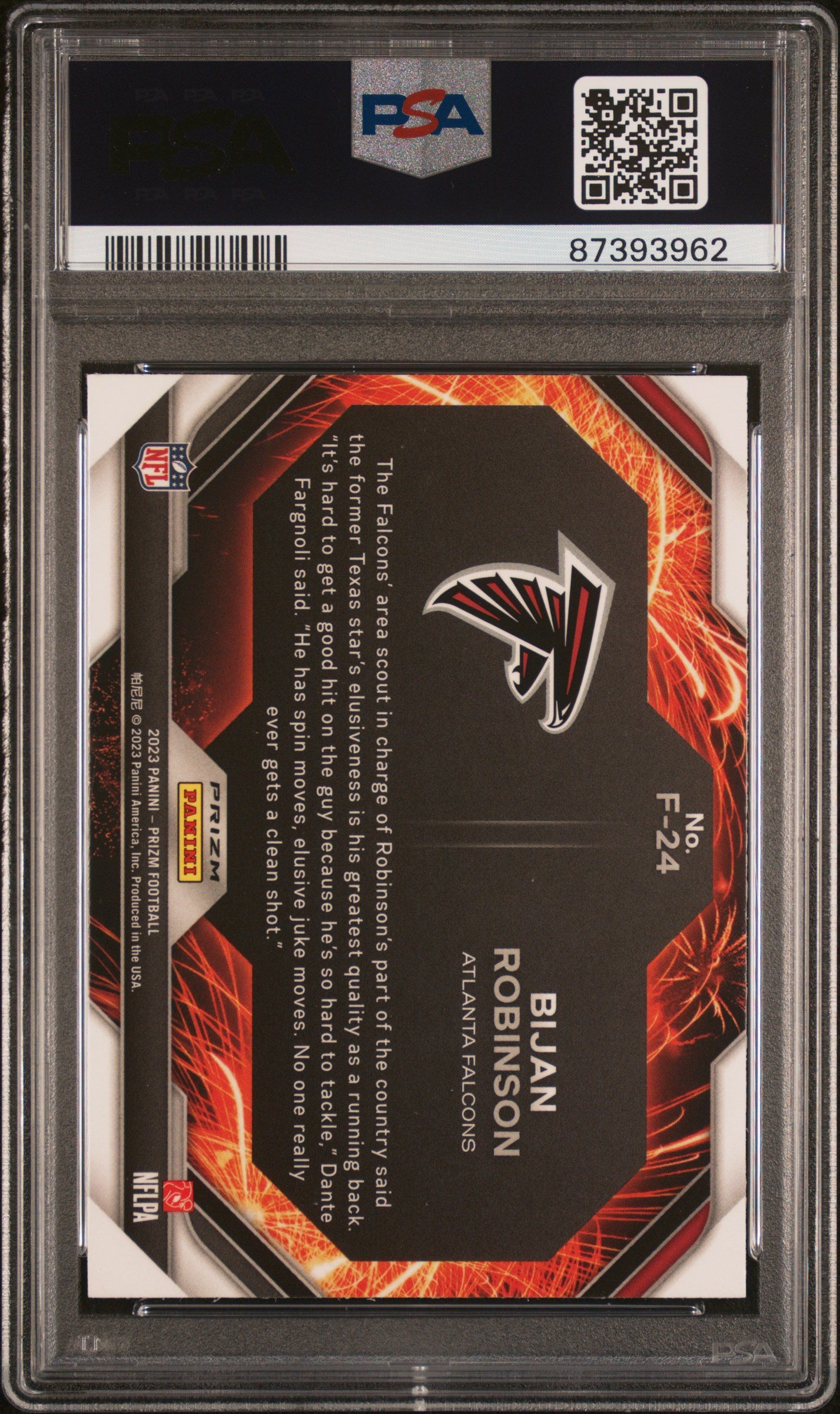 2023 Panini Prizm Fireworks #F24 Bijan Robinson Fireworks-Silver Prizm PSA 10