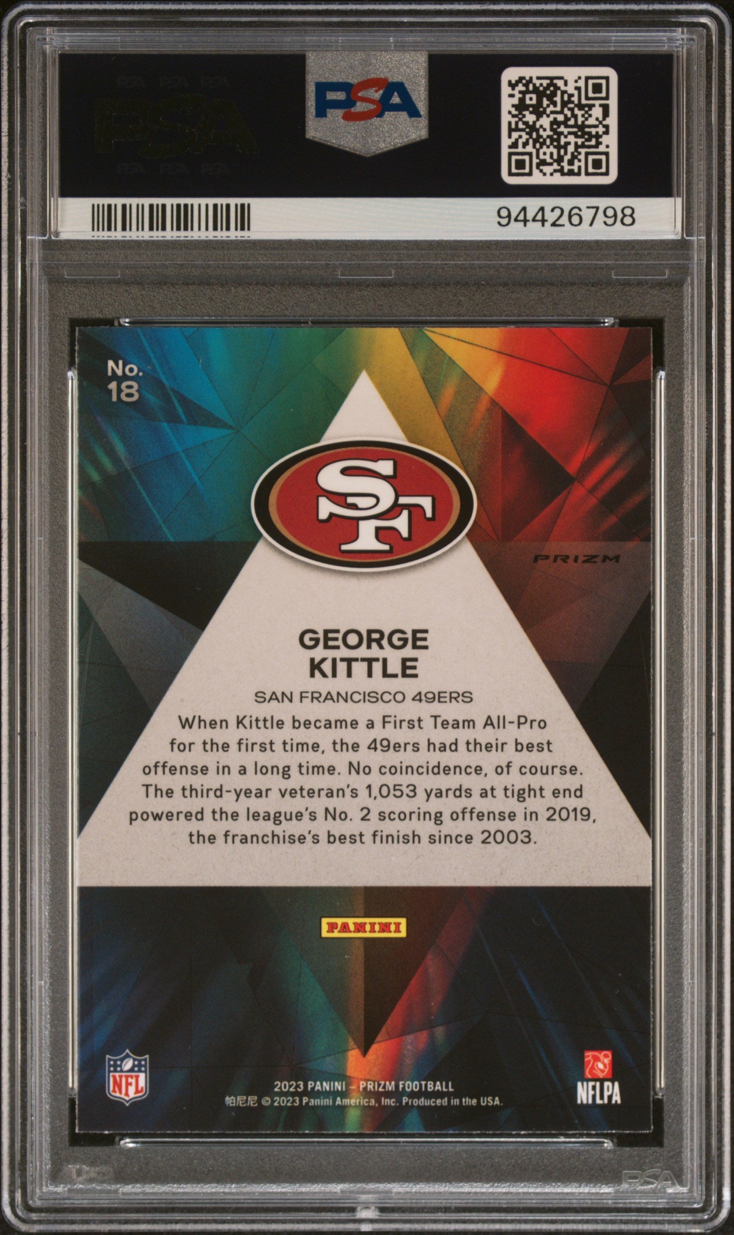 2023 Panini Prizm Prizmatic #18 George Kittle Prizmatic-Green Wave PSA 10