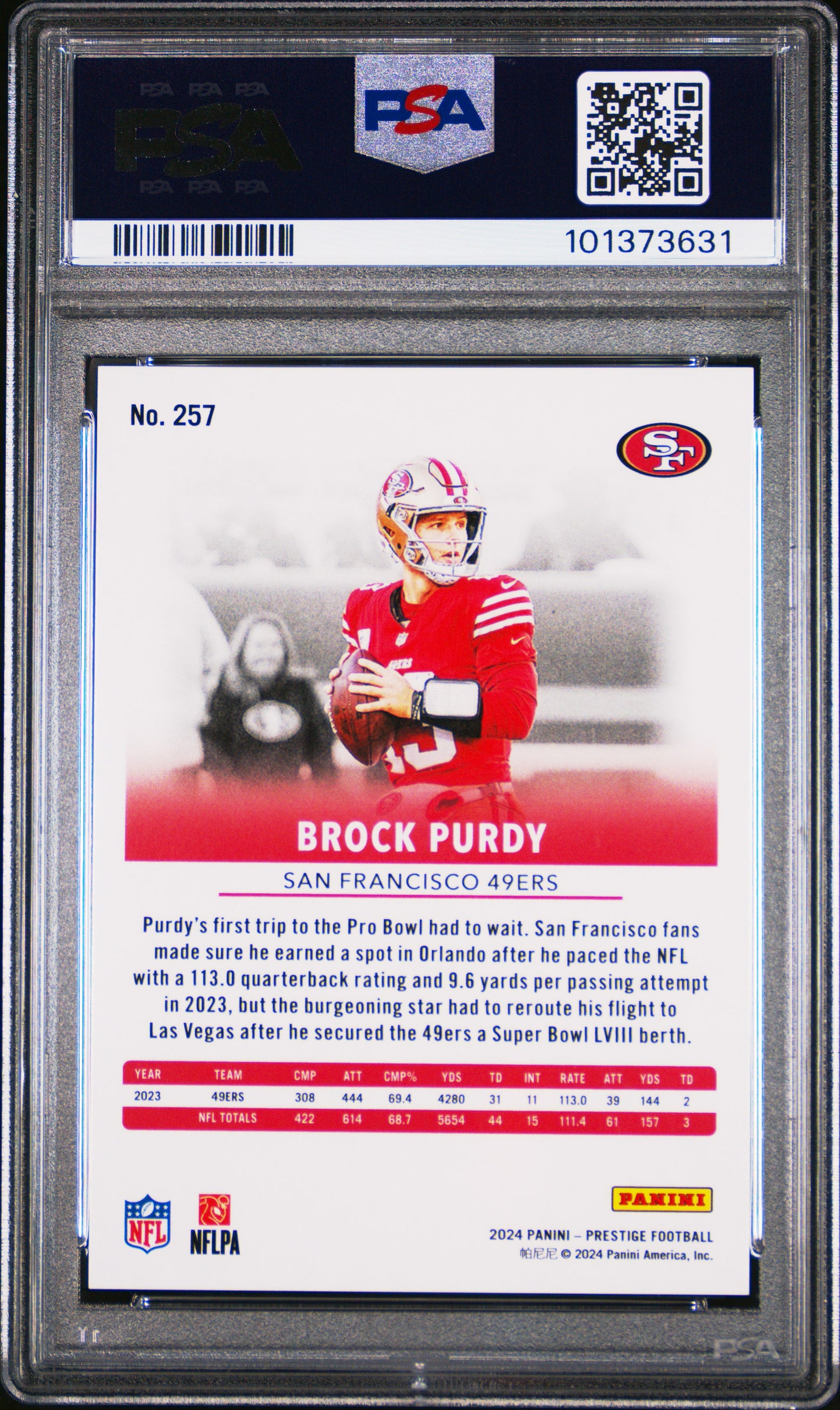 2024 Panini Prestige #257 Brock Purdy Pink Premium Xtra Points PSA 9