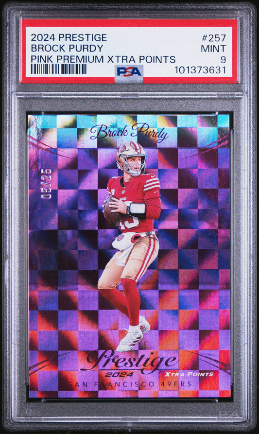 2024 Panini Prestige #257 Brock Purdy Pink Premium Xtra Points PSA 9