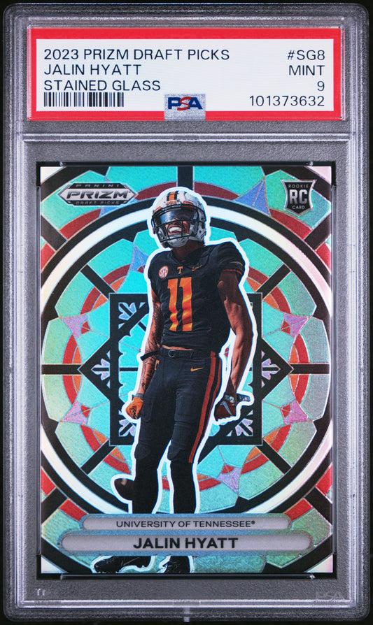 2023 Panini Prizm Draft Picks Stained Glass #SG8 Jalin Hyatt PSA 9