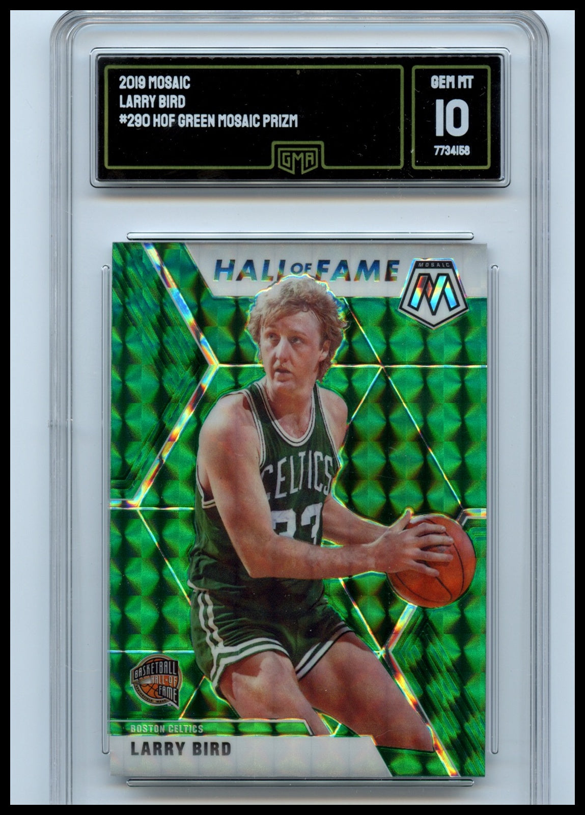 2019-20 Panini Mosaic #290 Larry Bird Green Prizm GMA 10