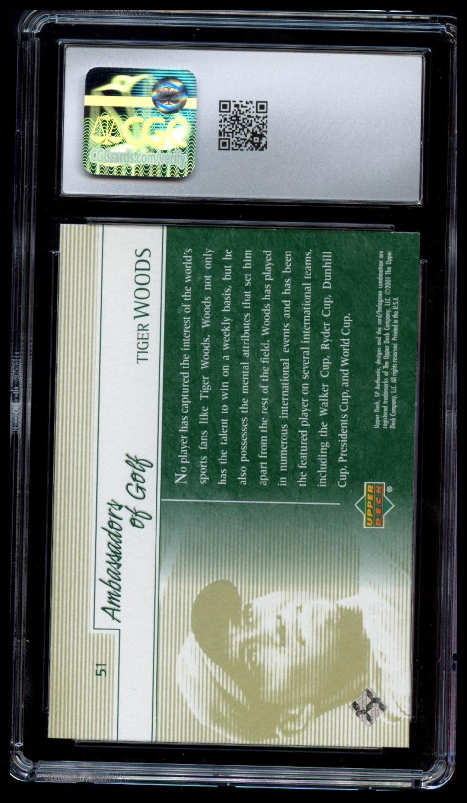 2001 Upper Deck #51 Tiger Woods SP Authentic Preview CGC 10