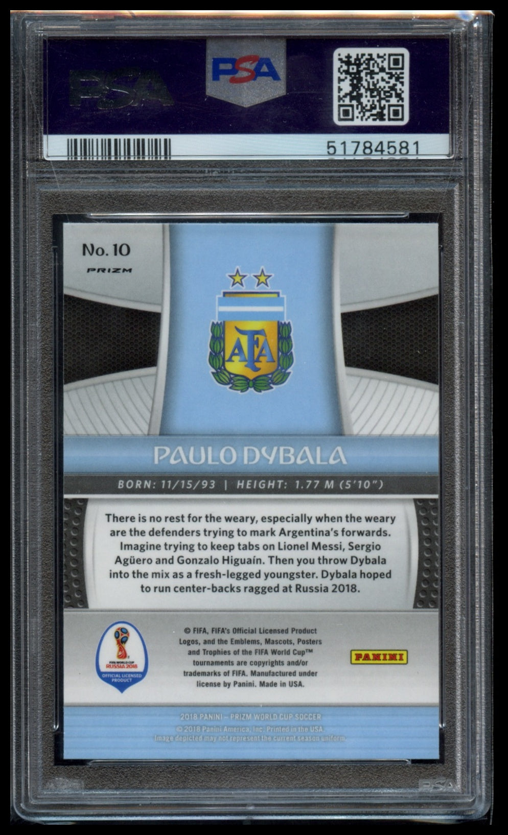 2018 Panini Prizm World Cup #10 Paulo Dybala Red/Blue Wave PSA 10