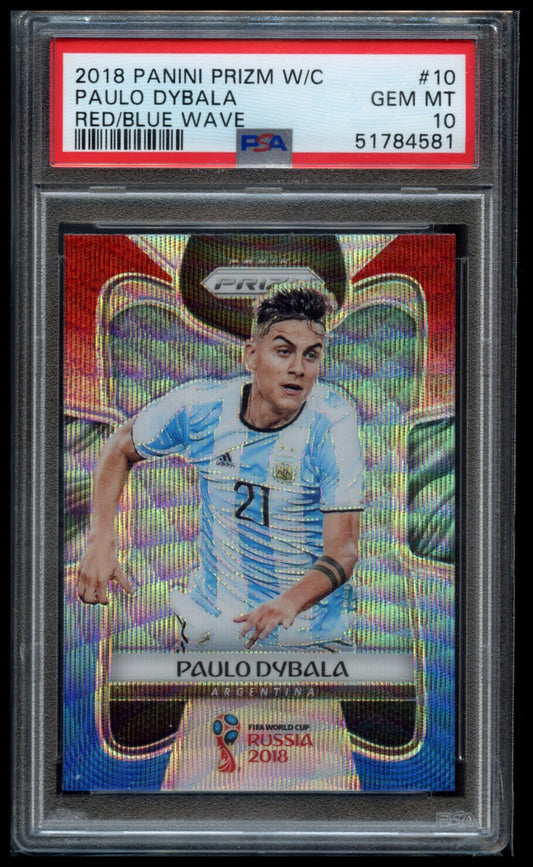 2018 Panini Prizm World Cup #10 Paulo Dybala Red/Blue Wave PSA 10