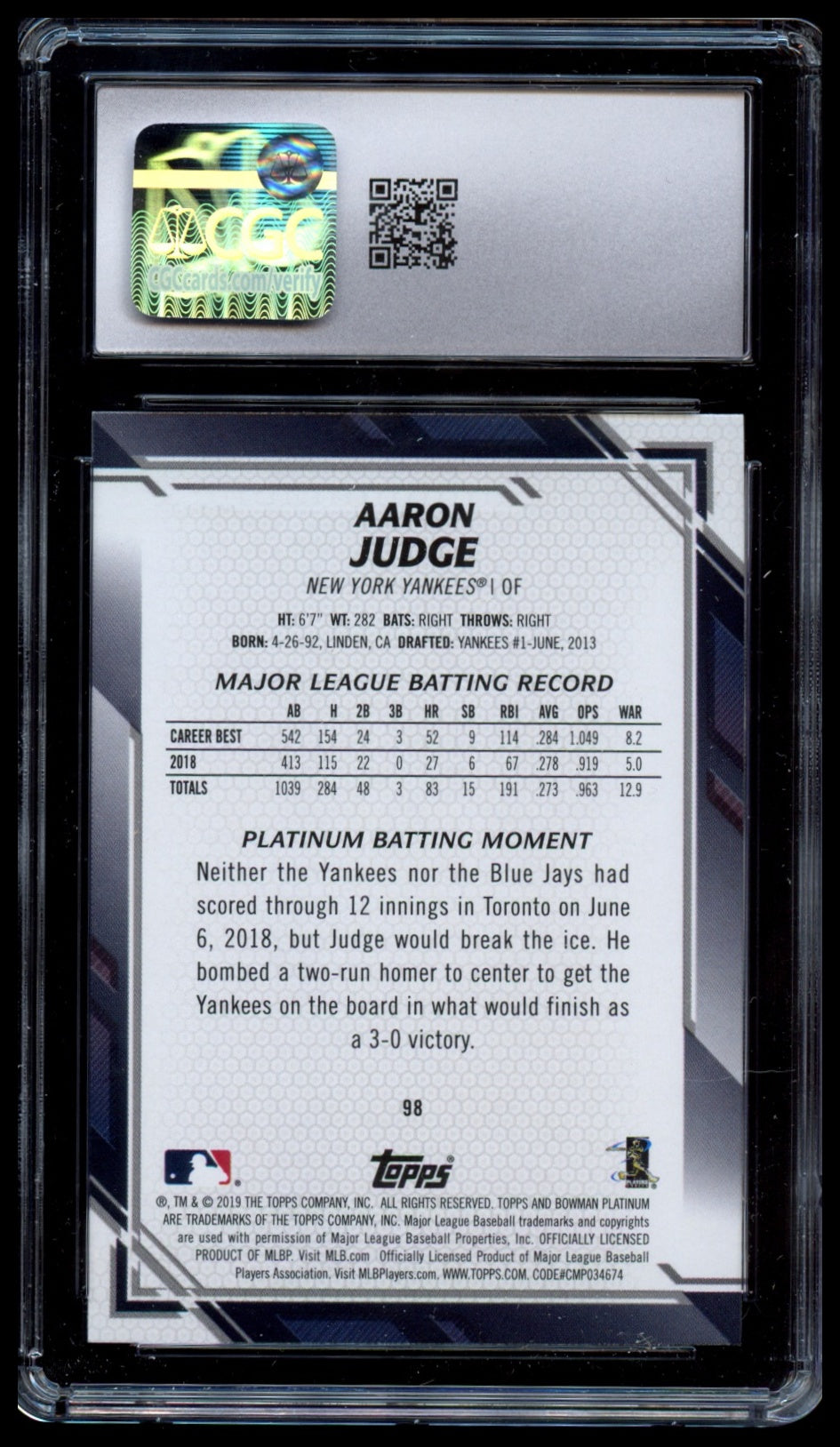 2019 Bowman Platinum #98 Aaron Judge Ice CGC 10