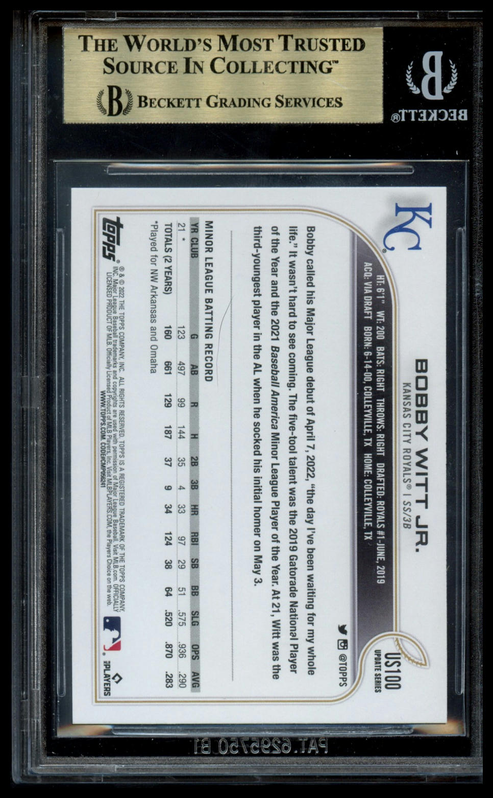 2022 Topps Update #US100 Bobby Witt Jr. BGS 9.5