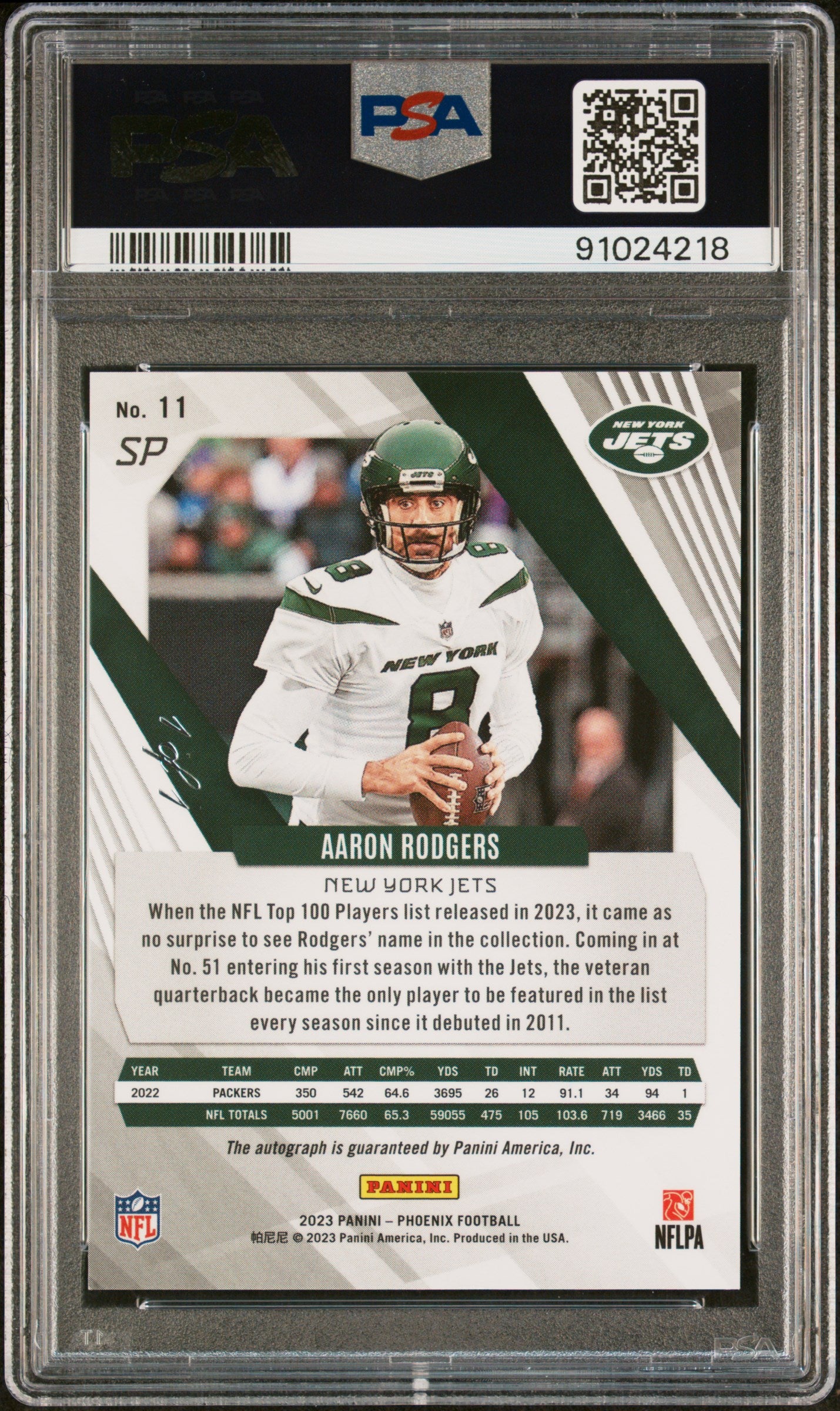 2023 Panini Phoenix #11 Aaron Rodgers Sp-Autograph-Gold 1/1 Gold PSA 9