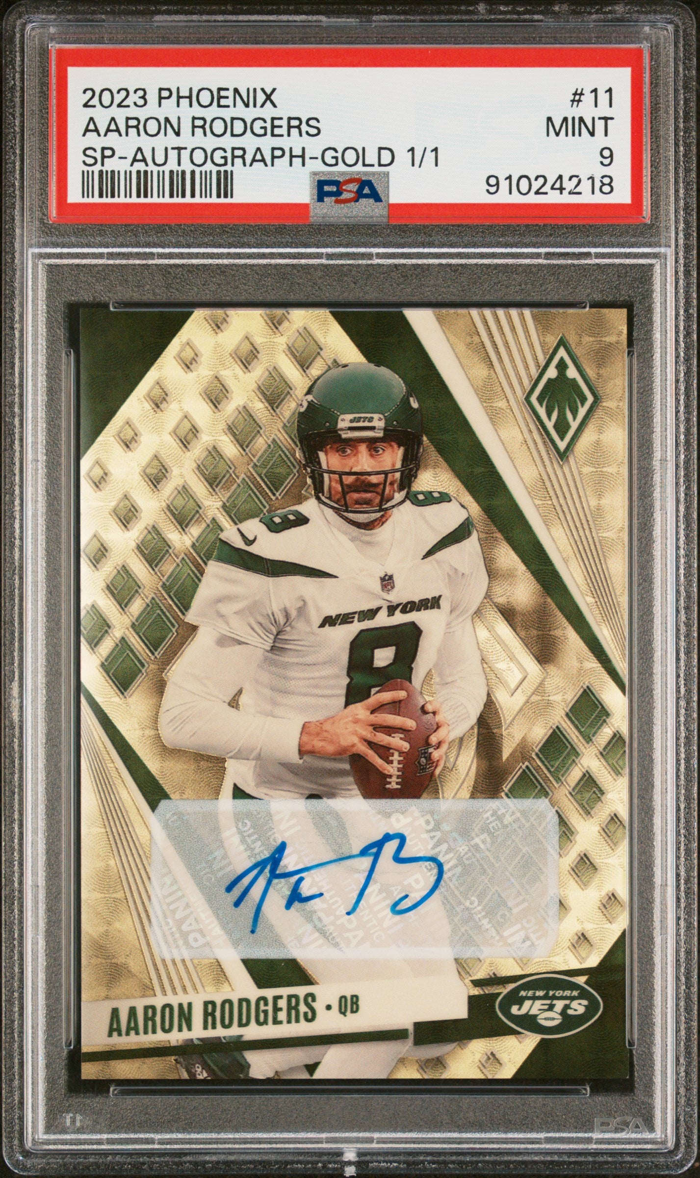 2023 Panini Phoenix #11 Aaron Rodgers Sp-Autograph-Gold 1/1 Gold PSA 9