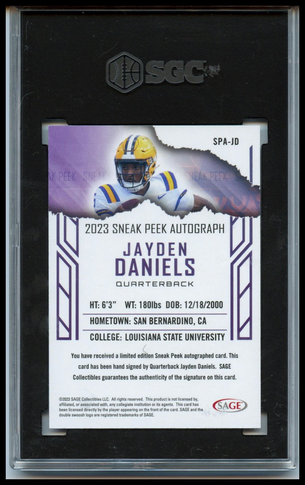 2023 SAGE HIT #SPA-JD Jayden Daniels Sneak Peek Autographs SGC 9 / Auto 10