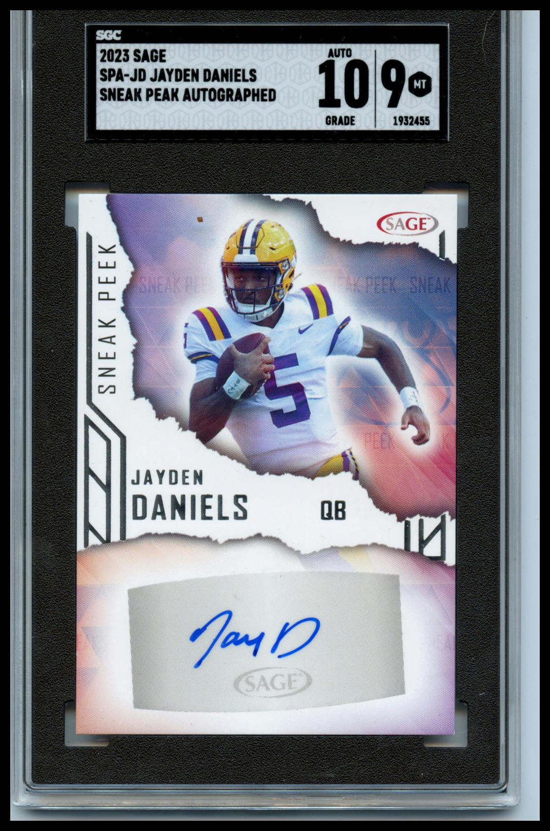 2023 SAGE HIT #SPA-JD Jayden Daniels Sneak Peek Autographs SGC 9 / Auto 10